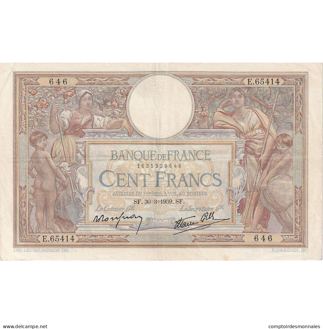 France, 100 Francs, Luc Olivier Merson, 1939-03-30, E.65414, TTB+ - 100 F 1908-1939 ''Luc Olivier Merson''