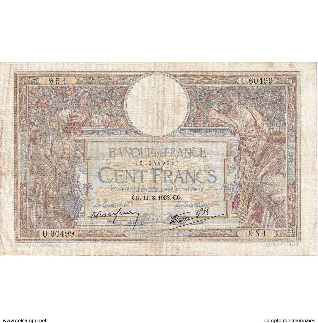 France, 100 Francs, 1938, U.60499, TTB, Fayette:25.28, KM:86b - 100 F 1908-1939 ''Luc Olivier Merson''