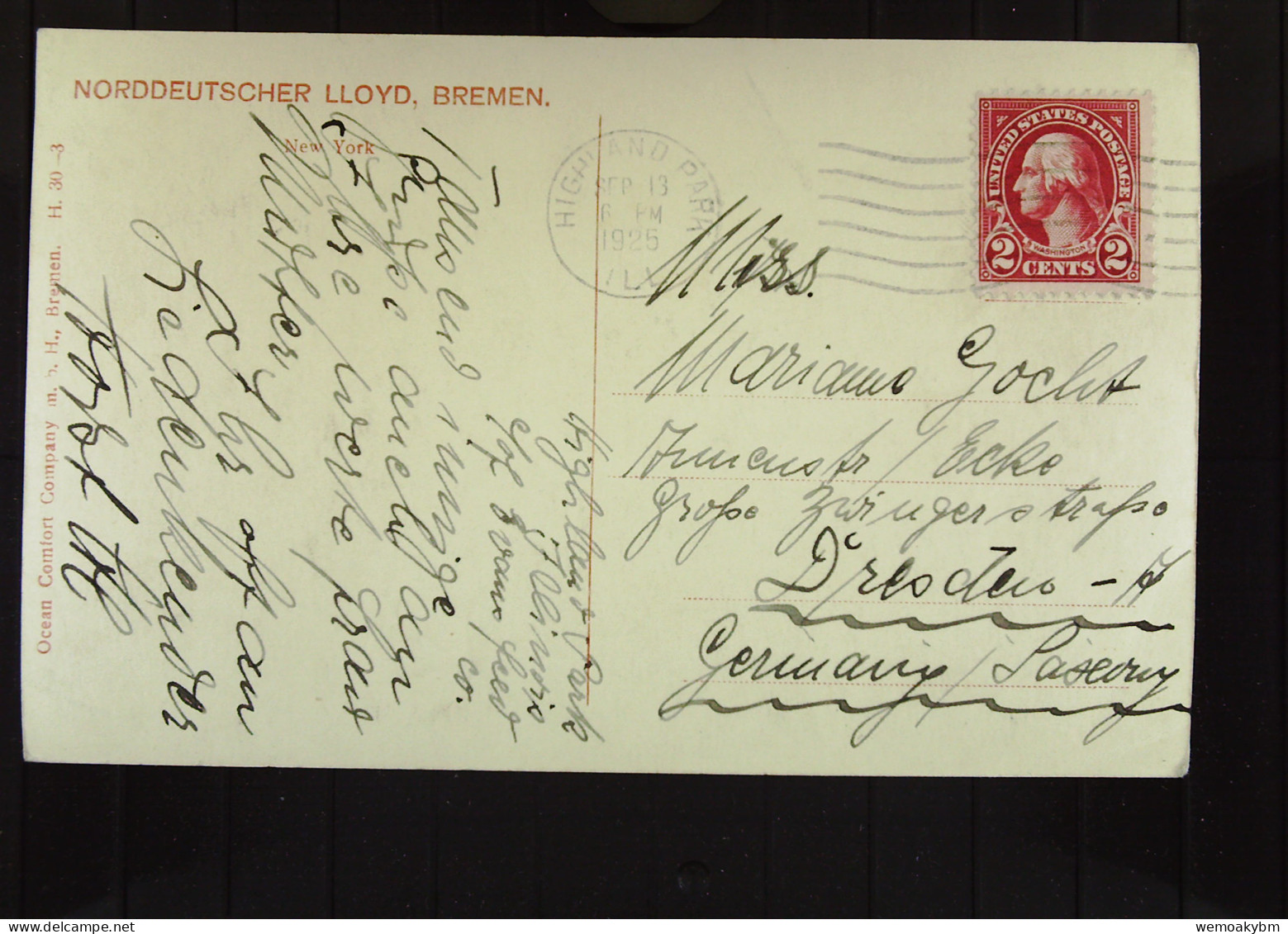 USA: AK Postcard Von New York Aus HIGHLAND PARK Vom 13.9.1925 Mit 2 C  Nach Dresden  - Buffalo