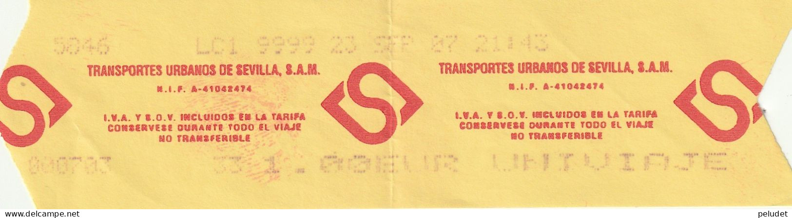Ticket Billet Billet -- Transportes Urbanos De Sevilla, S.A.M. - Bus - Europe
