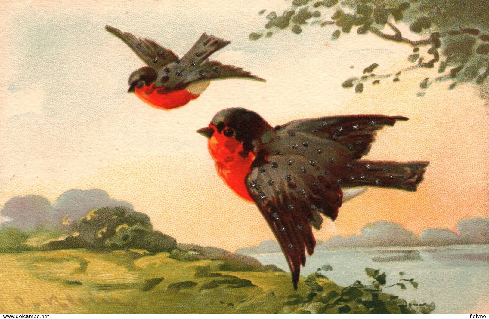 Catharina KLEIN - Cpa Illustrateur - Oiseaux Rouges Gorges - Paillettes Pailletée - Klein, Catharina