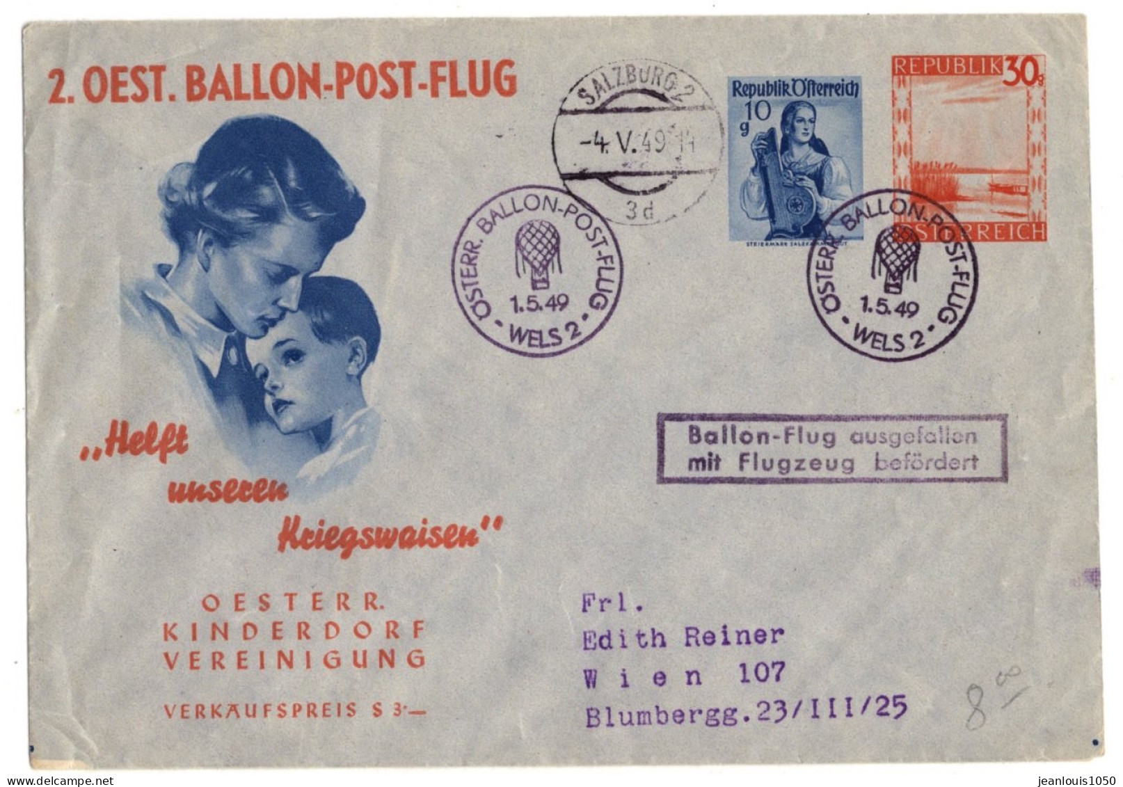 AUTRICHE ENTIER LETTRE PRIVE COMMEMORATIF DU 2eme VOL DE BALLON POSTAL  OBLITERE SALZBOURG POUR VIENNE - Enveloppes