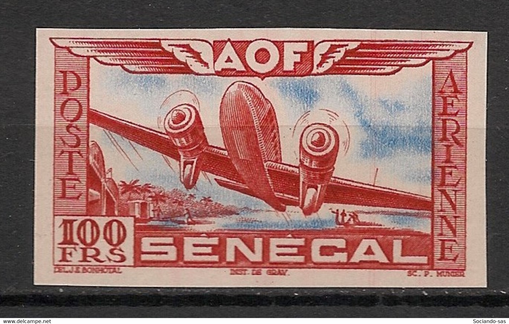 SENEGAL - 1942 - PA N°YT. 30 - 100f Rouge - VARIETE Non Dentelé / Imperf. - Neuf  Luxe ** / MNH / Postfrisch - Airmail