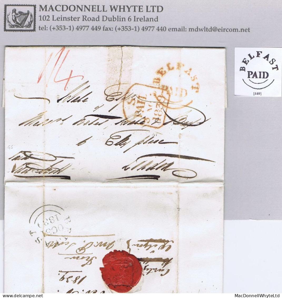 Ireland Belfast 1839 Letter Exchange Buildings To London With Circular BELFAST/PAID In Red, London Sunday Tombstone - Préphilatélie