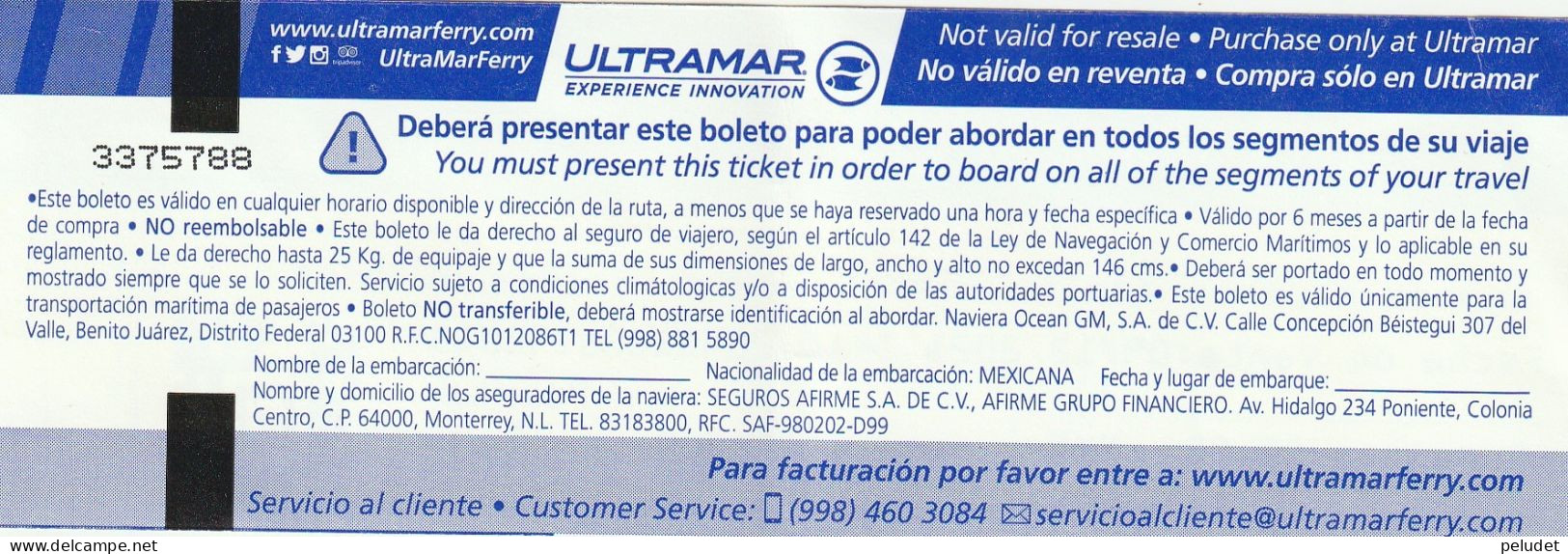 Ticket Billet Billet -- Puerto Suarez - Isla Mujeres - Mexico - Ultramar - World