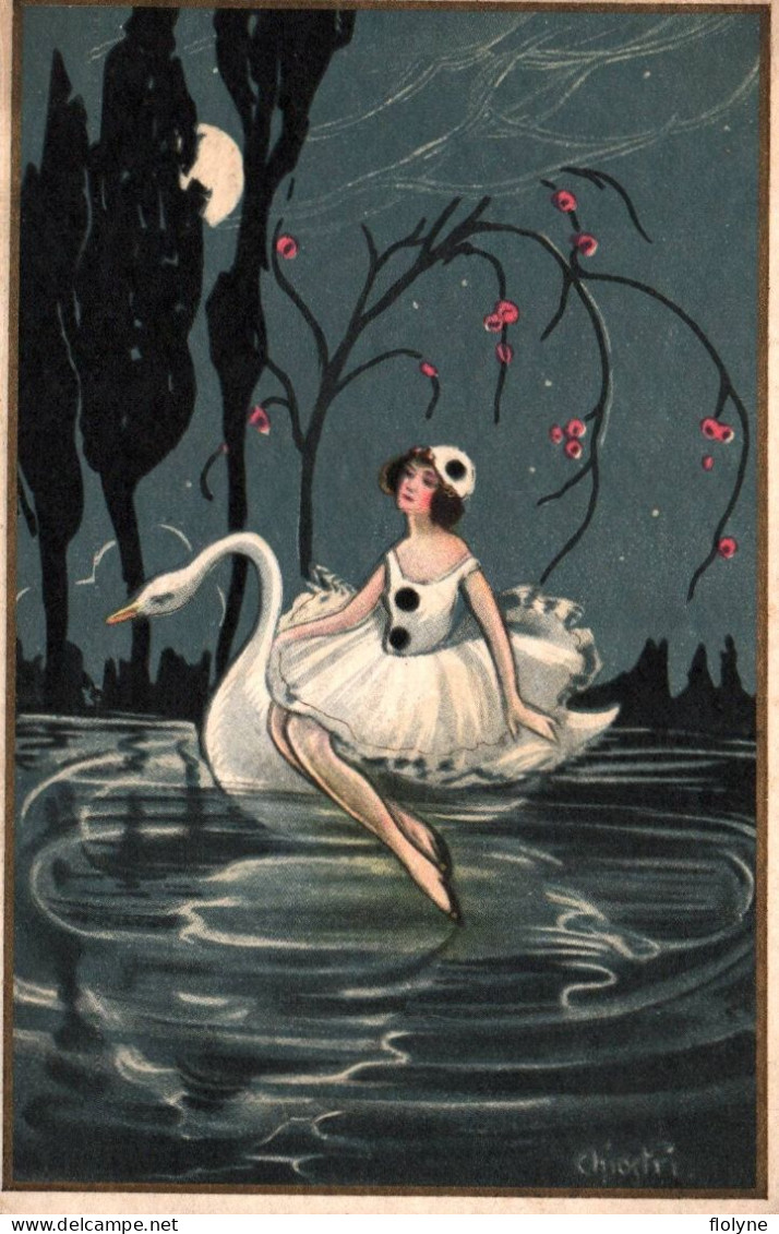 Carlo CHIOSTRI - Cpa Illustrateur Italien - Art Nouveau Art Déco Jugendstil - Femme Pierrot Et Cygne - Chiostri, Carlo