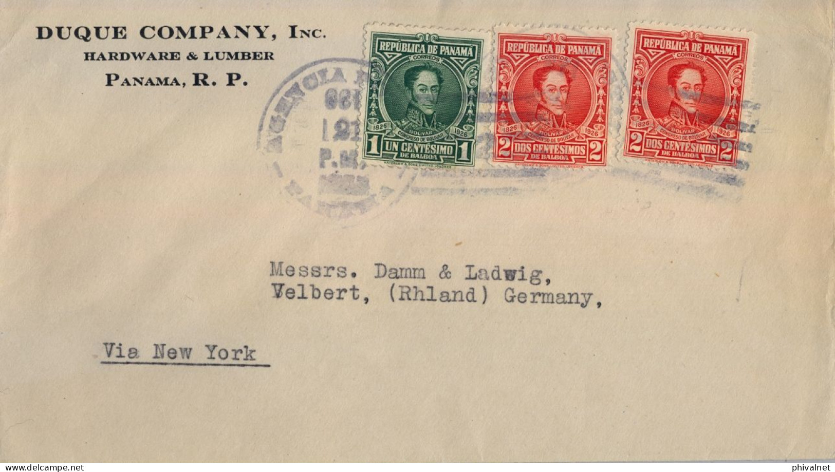 1926  PANAMÁ , SOBRE CIRCULADO A VELBERT , VIA NEW YORK . YV. 146 , 147 X 2 - BOLIVAR , 1º CONGRESO AMERICANO - Panama