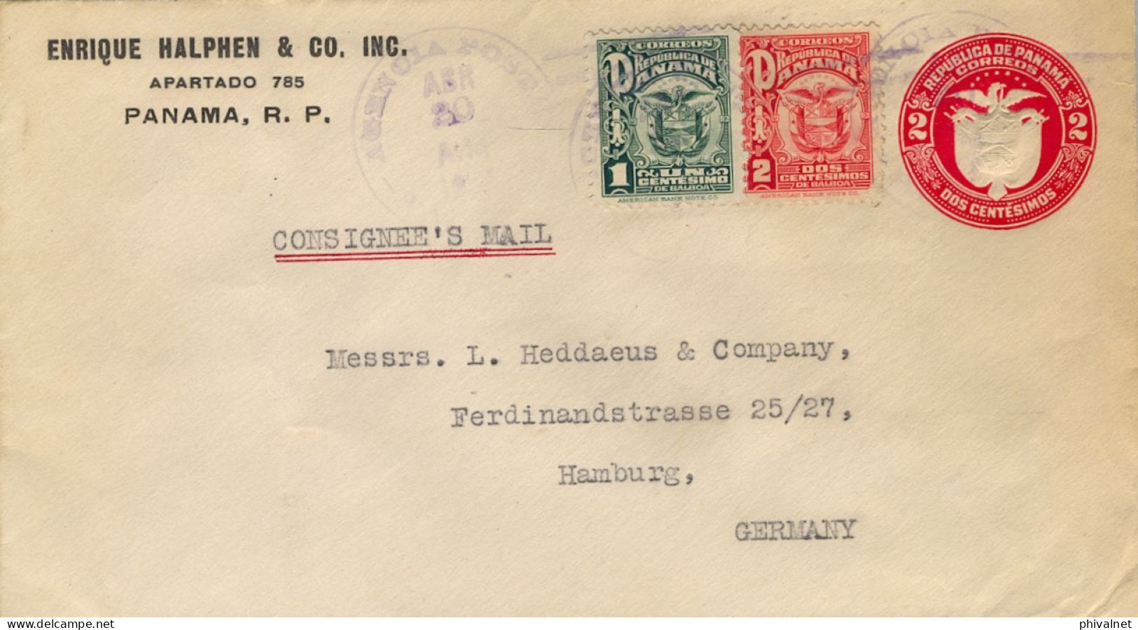 C. 1925 PANAMÁ , SOBRE ENTERO POSTAL DE DOS CENTÉSIMOS , CIRCULADO A HAMBURGO , FR. COMPLEMENTARIO YV. 136 , 137 - Panama