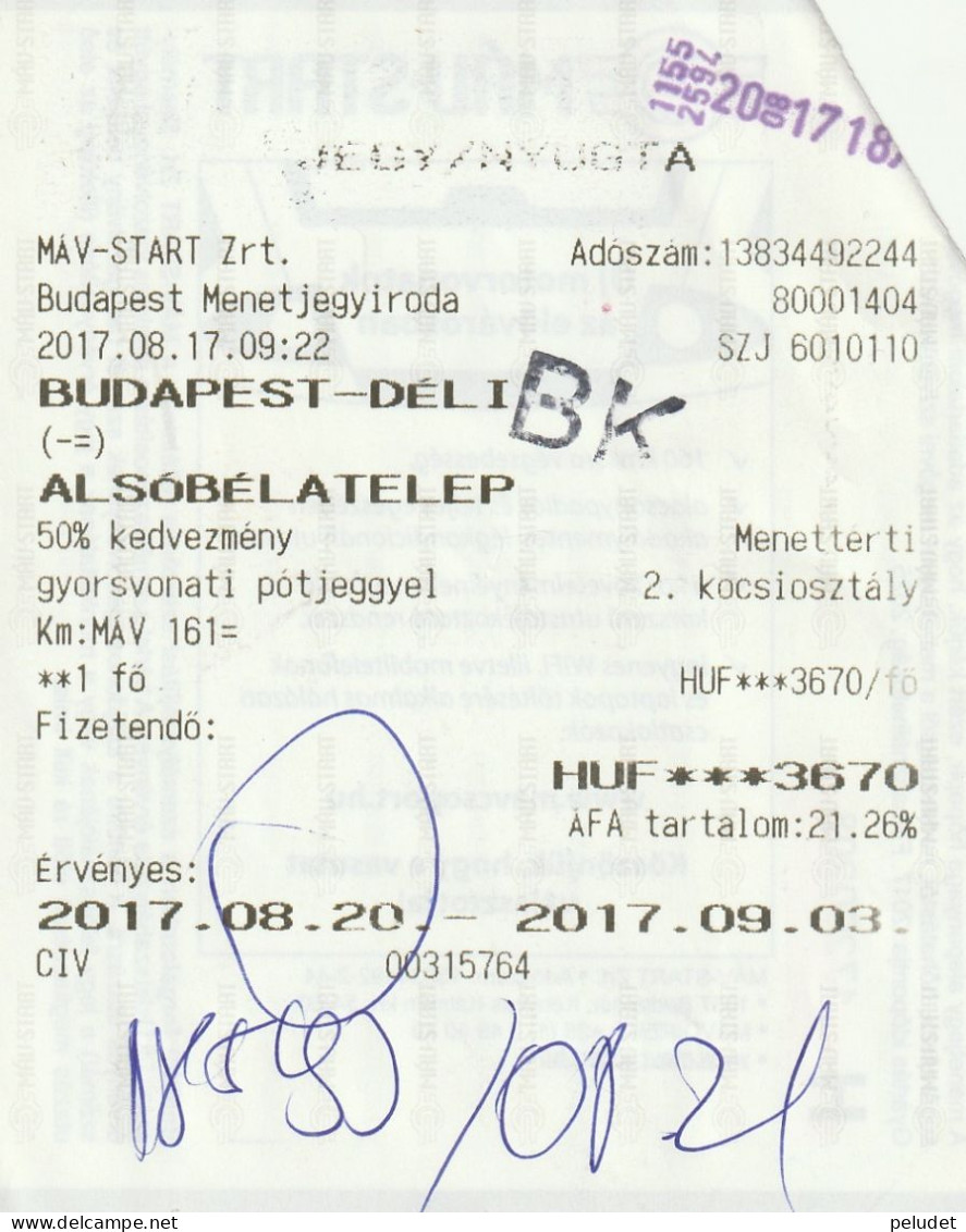 Ticket Billete Billet -- Budapest-Deli - Alsobelatelep - 2017 - Europe