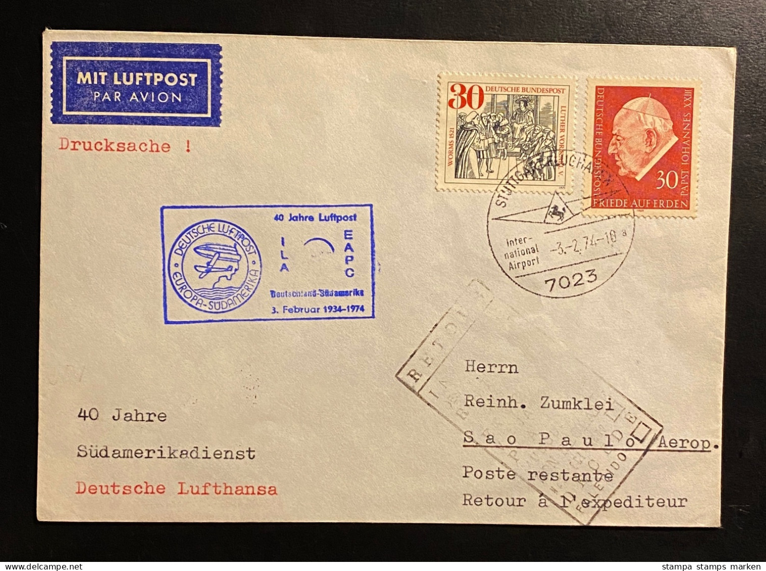 Deutschland 1974 LUFTHANSA 40 Jahre Luftpost Deutschland Südamerika Sonderstempel STUTTGART FLUGHAFEN - Premiers Vols