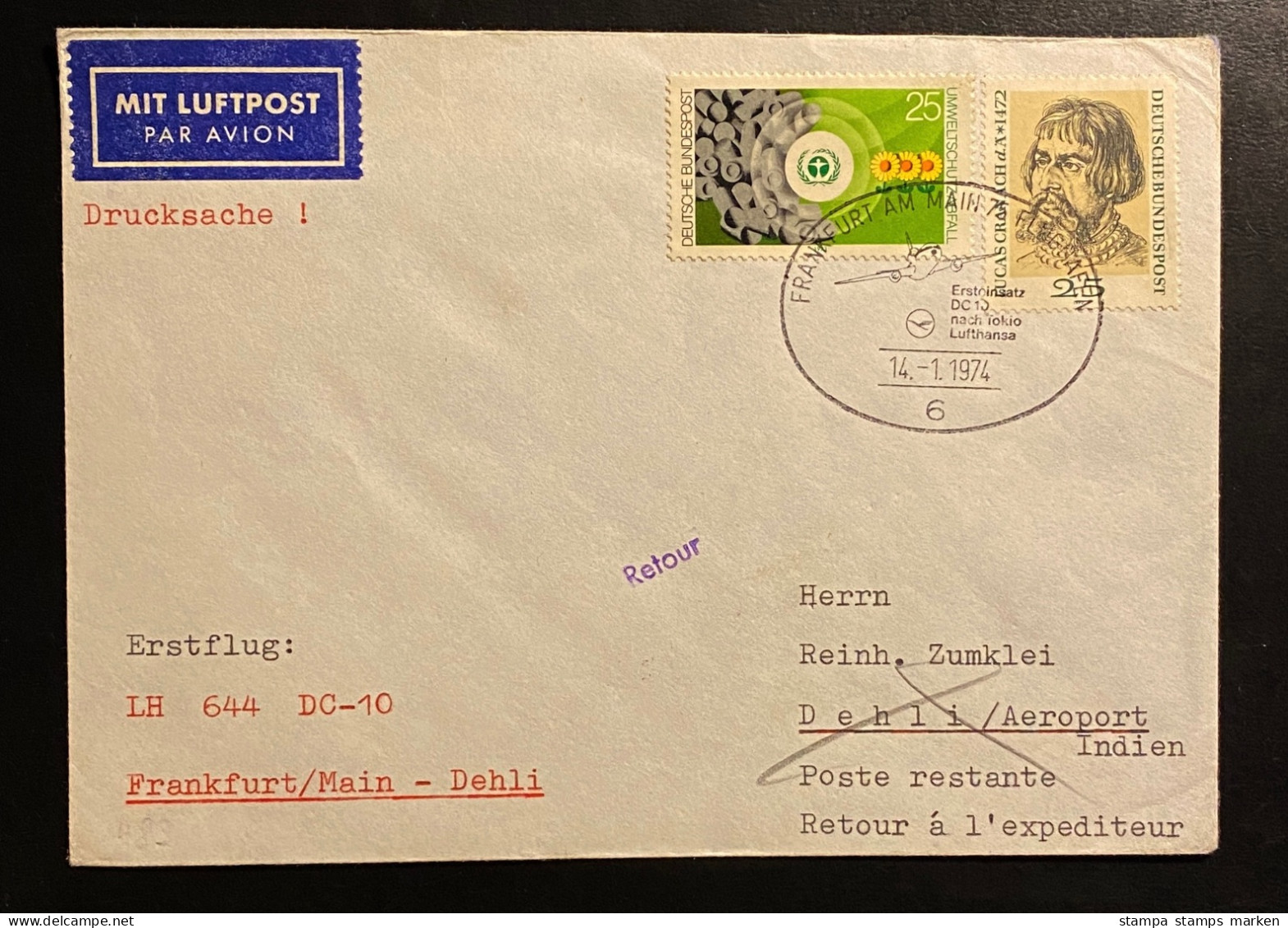 Deutschland 1974 LUFTHANSA Erstflug Frankfurt Tokio DC 10 Sonderstempel FRANKFURT FLUGHAFEN - Premiers Vols