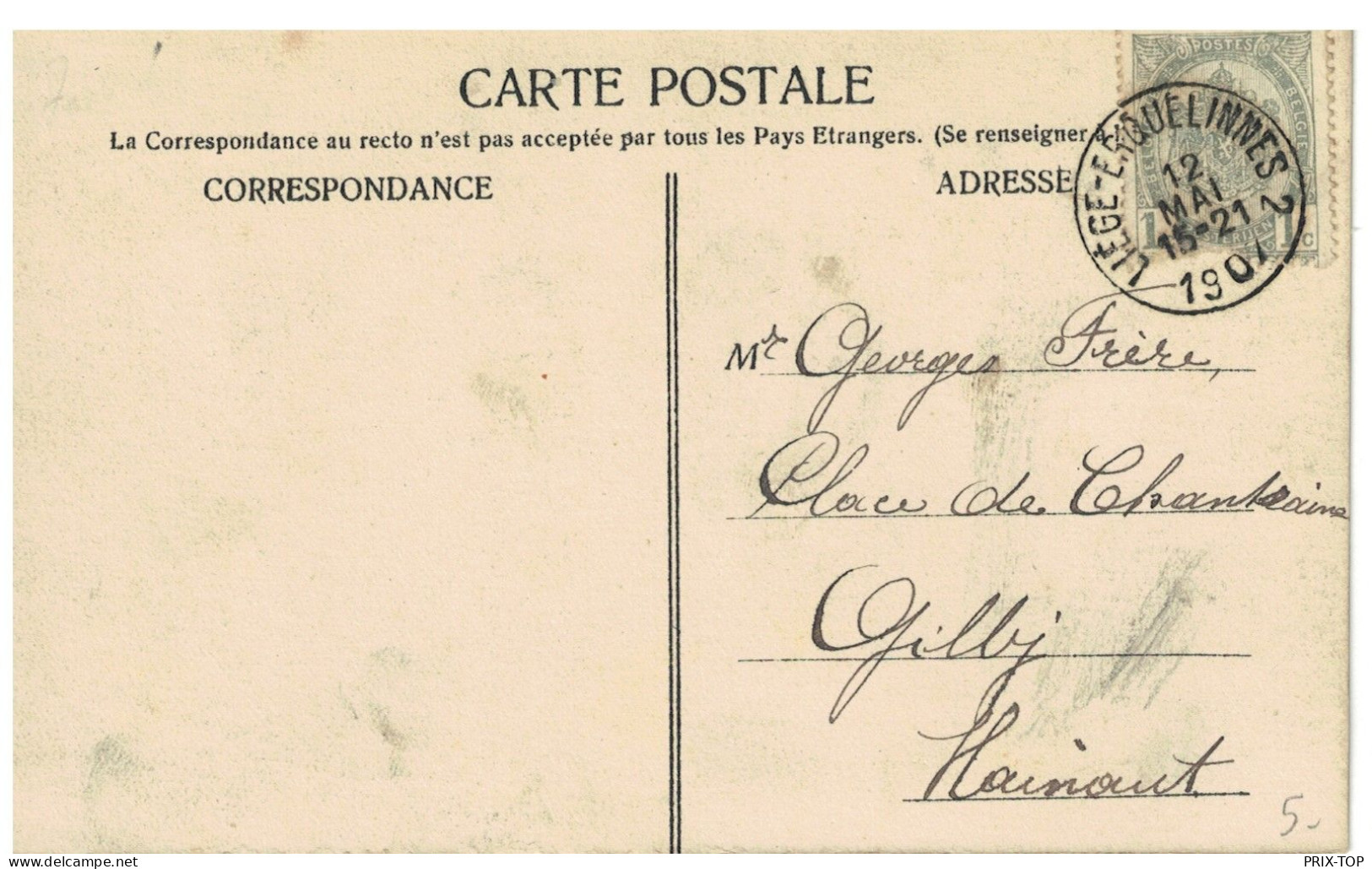 TP 53 S/CP Namèche Obl. LIEGE-ERQUELINNES 2 12/5/1907 > Gilly - Ambulanti