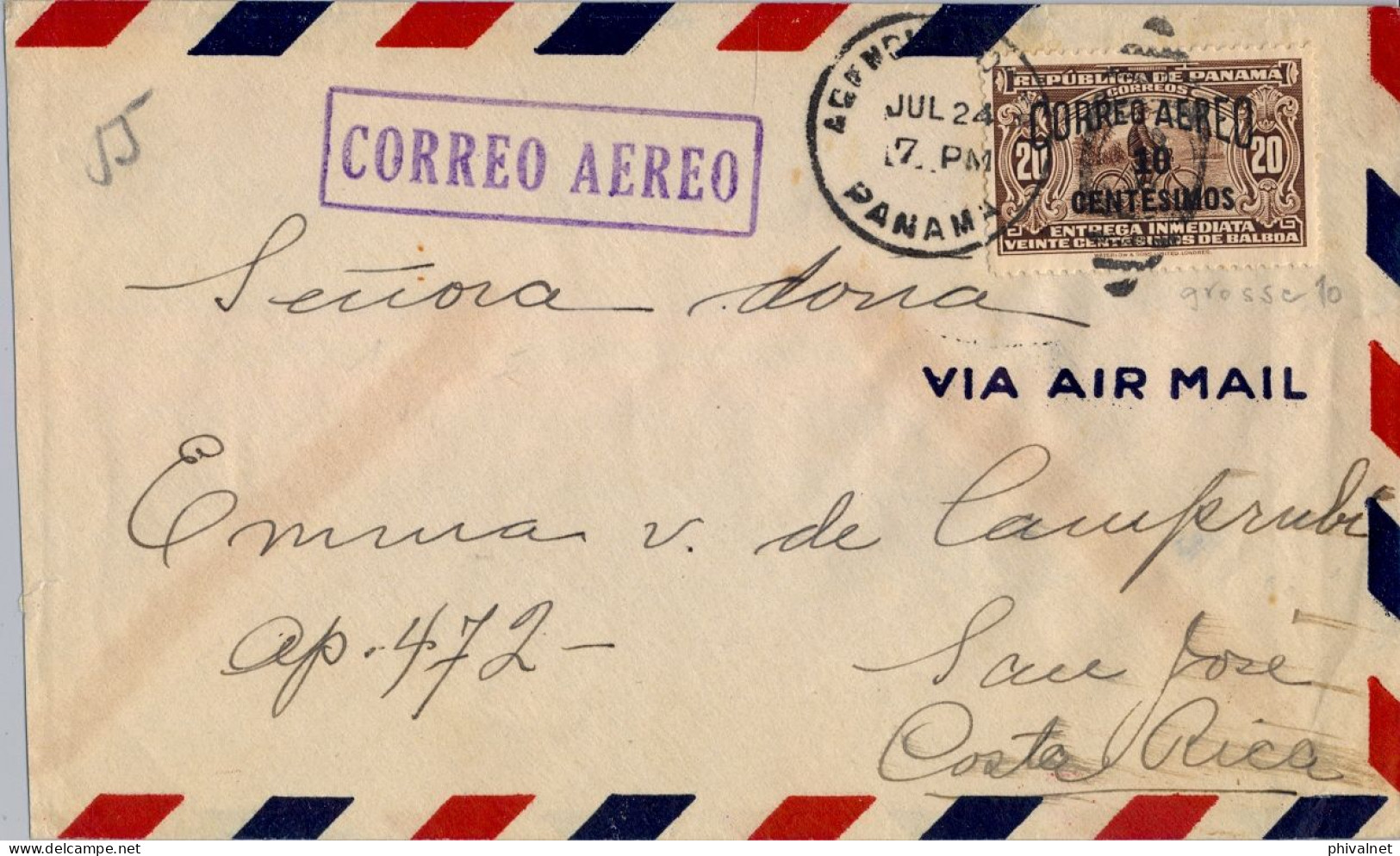 1935 PANAMÁ , SOBRE CIRCULADO A SAN JOSÉ / COSTA RICA , LLEGADA AL DORSO . CORREO AÉREO , YV. 18 AER. TIPO 1 - Panamá