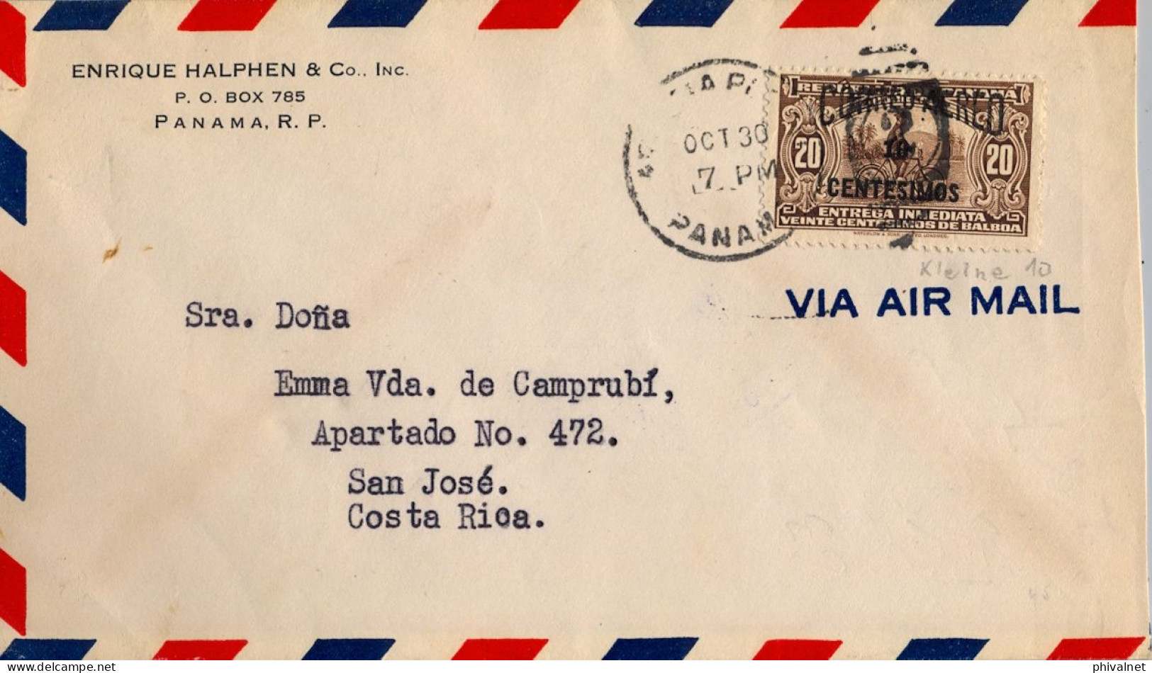 1935 PANAMÁ , SOBRE CIRCULADO A SAN JOSÉ / COSTA RICA , LLEGADA AL DORSO . CORREO AÉREO , YV. 18 AER. TIPO 2 - Panama