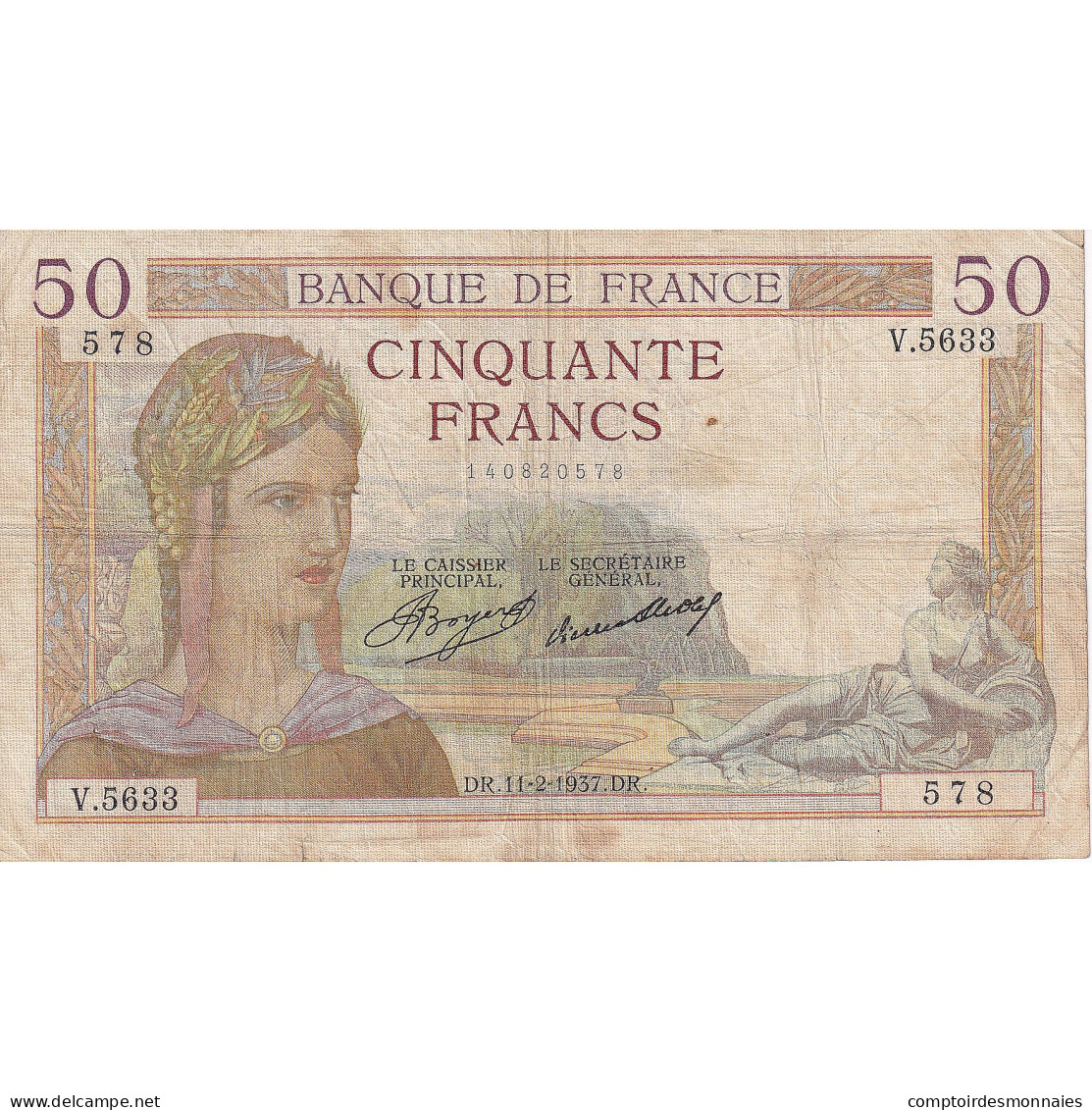 France, 50 Francs, Cérès, 1937, V.5633, TB+, Fayette:17.34, KM:81 - 50 F 1934-1940 ''Cérès''