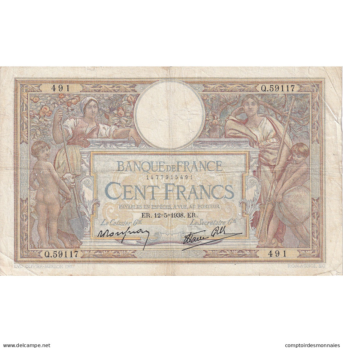 France, 100 Francs, Luc Olivier Merson, 1938, Q.59117, TB, Fayette:25.18, KM:86b - 100 F 1908-1939 ''Luc Olivier Merson''