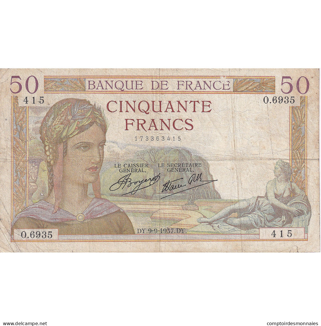 France, 50 Francs, Cérès, 1937, O.6935, TB, Fayette:18.03, KM:85a - 50 F 1934-1940 ''Cérès''