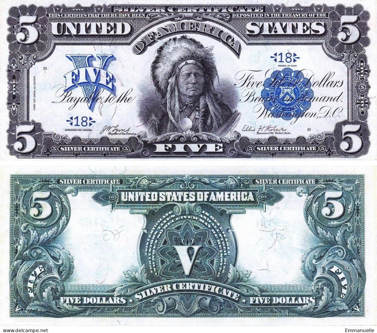 COPIE - USA 1899 5 DOLLARS LARGE SIZE  *ONEPAPA INDIAN CHIEF*-REPRODUCTION - United States Notes (1862-1923)