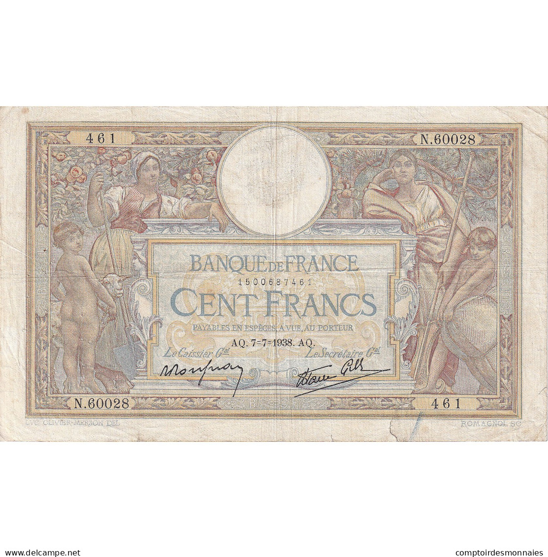 France, 100 Francs, Luc Olivier Merson, 1938, N.60028, TB+, Fayette:25.25 - 100 F 1908-1939 ''Luc Olivier Merson''