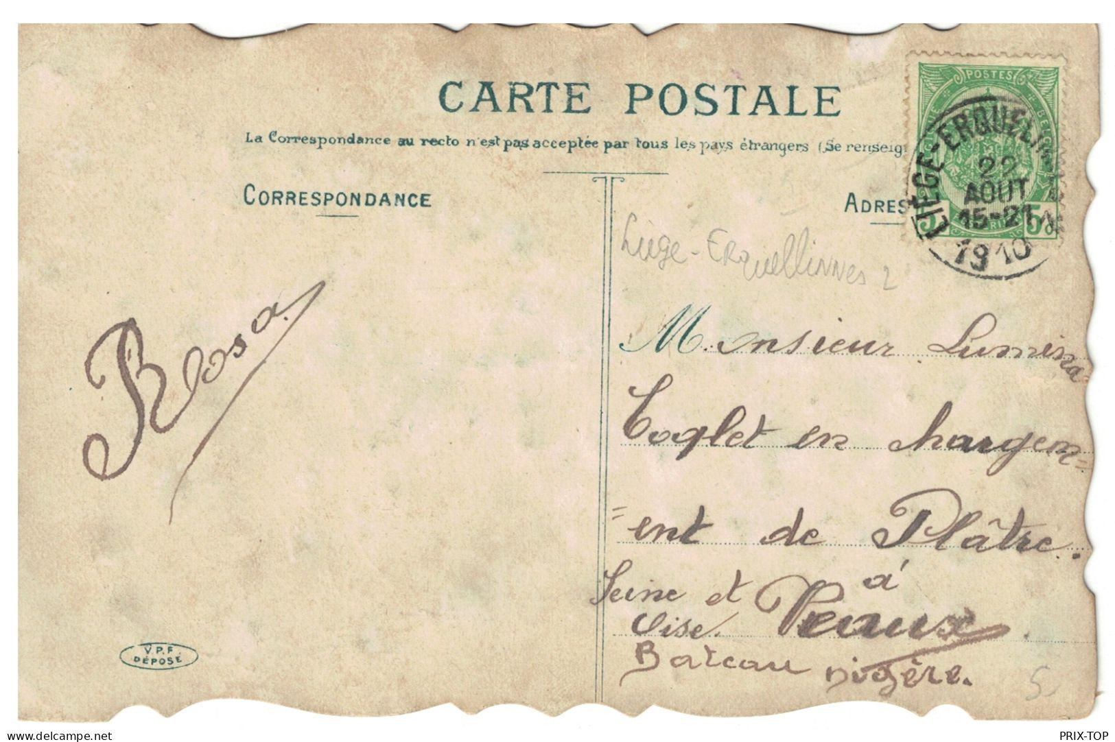 TP 83 S/CP Fantaisie Anniversaire Obl. Ambulant LIEGE-ERQUELINNES 2 22/8/1910 > France - Ambulanti