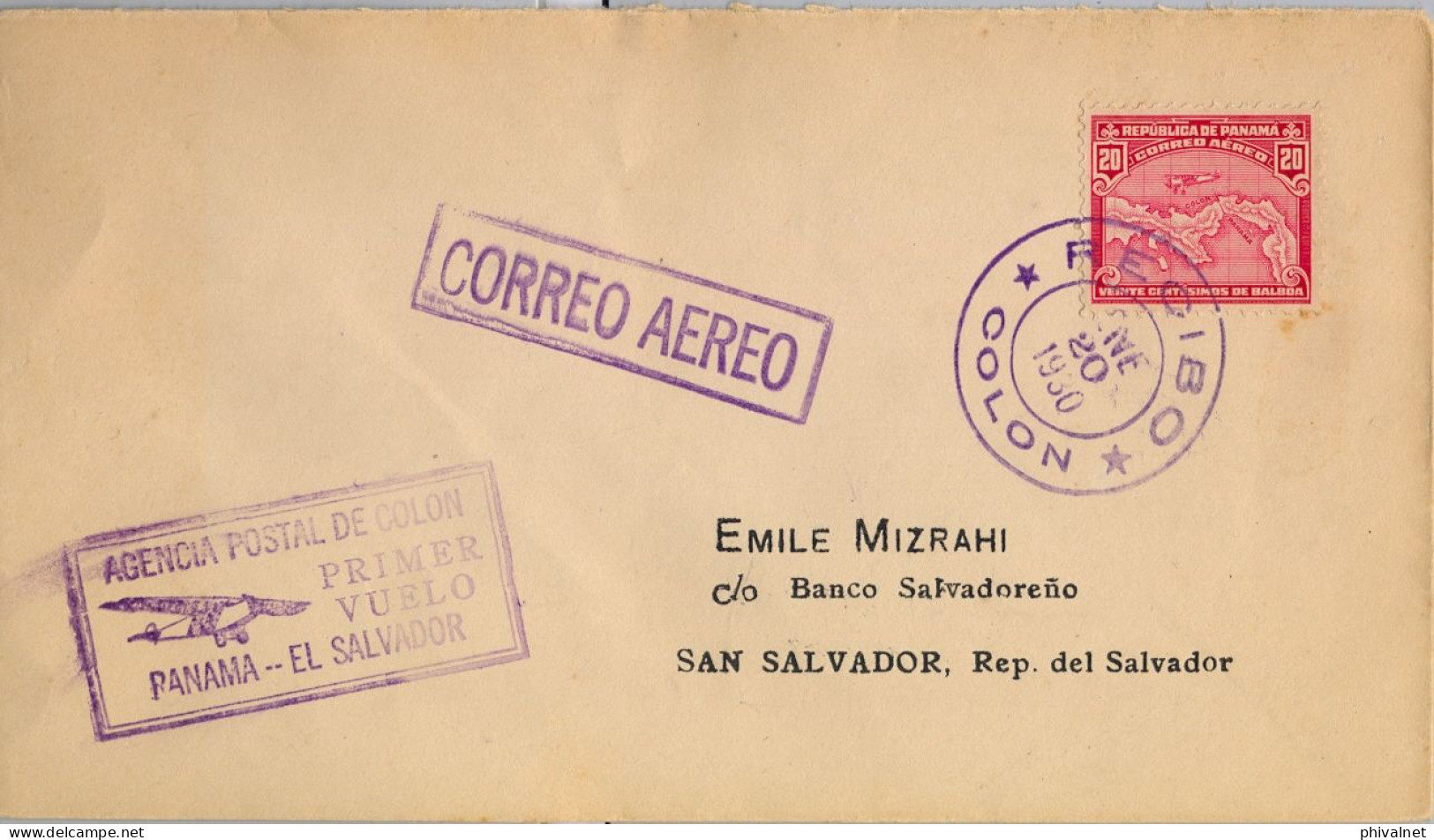 1930 PANAMÁ , SOBRE CIRCULADO POR CORREO AÉREO , FIRST FLIGHT PANAMÁ - EL SALVADOR , MAT. " RECIBO / COLÓN " . - Panama