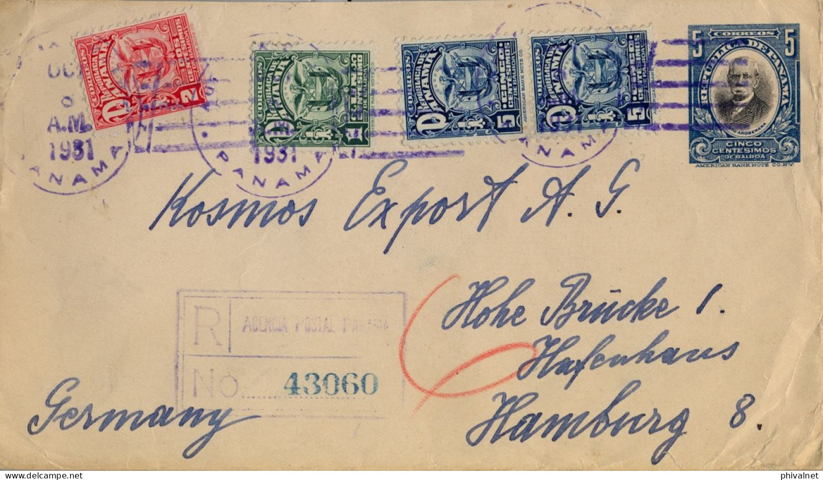 1931 PANAMÁ , SOBRE ENTERO POSTAL CERTIFICADO A HAMBURGO , FR. COMPLEMENTARIO , LLEGADA , VIÑETA " VIENNA FAIR " - Panama