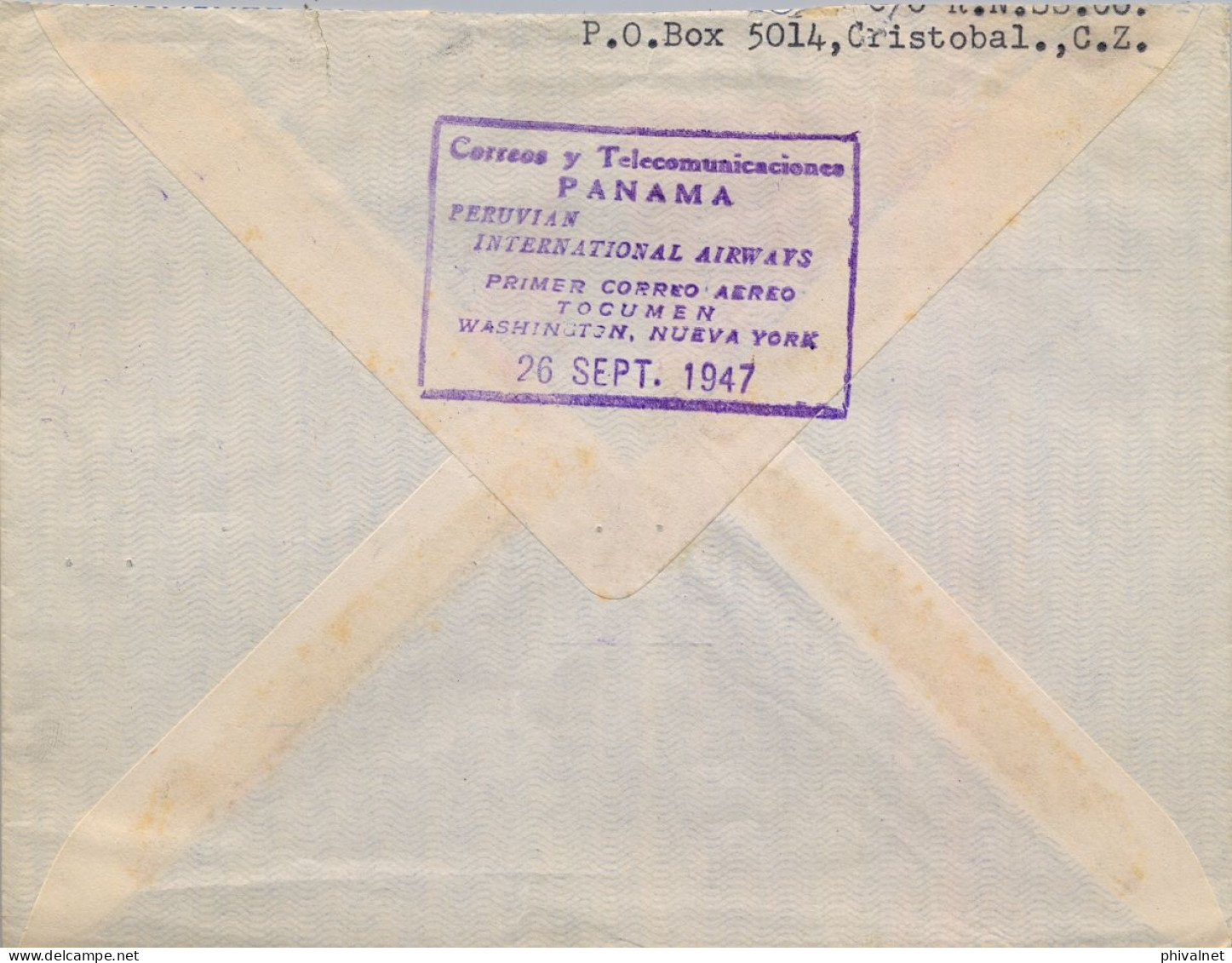 1947 PANAMÁ , SOBRE CIRCULADO POR CORREO AÉREO , FIRST DIRECT MAIL FLIGHT PANAMÁ - NEW YORK , PERUVIAN INT. AIRWAYS - Panama