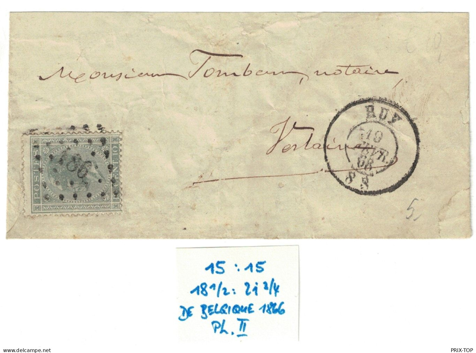 TP 17A S/L. LOS PTS 186 + Obl. Double Cercle HUY 19/2/1868 > Notaire Tombeur à Verlaine C. D'arrivée ENGIS 20/2/68 - Matasellado Con Puntos