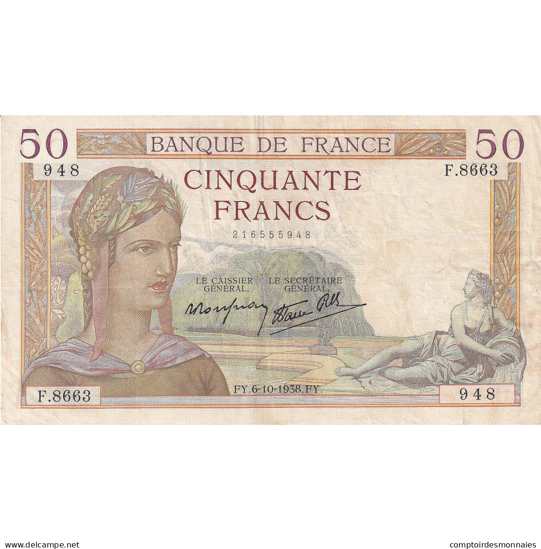 France, 50 Francs, Cérès, 1938, F.8663, TTB, Fayette:18.15, KM:85b - 50 F 1934-1940 ''Cérès''