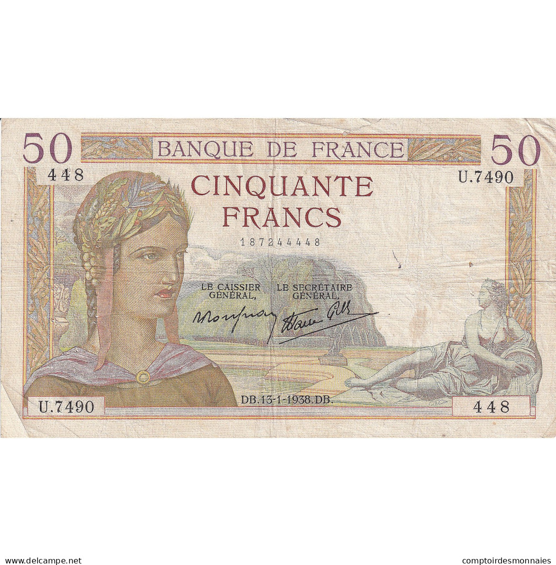 France, 50 Francs, Cérès, 1938, U.7490, TB, Fayette:18.7, KM:85b - 50 F 1934-1940 ''Cérès''