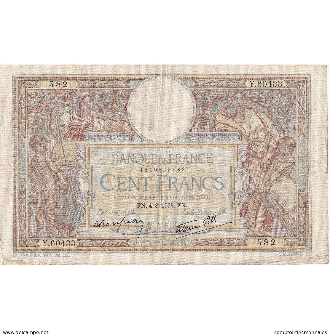 France, 100 Francs, Luc Olivier Merson, 1938, Y.60433, TB, Fayette:25.12, KM:78c - 100 F 1908-1939 ''Luc Olivier Merson''