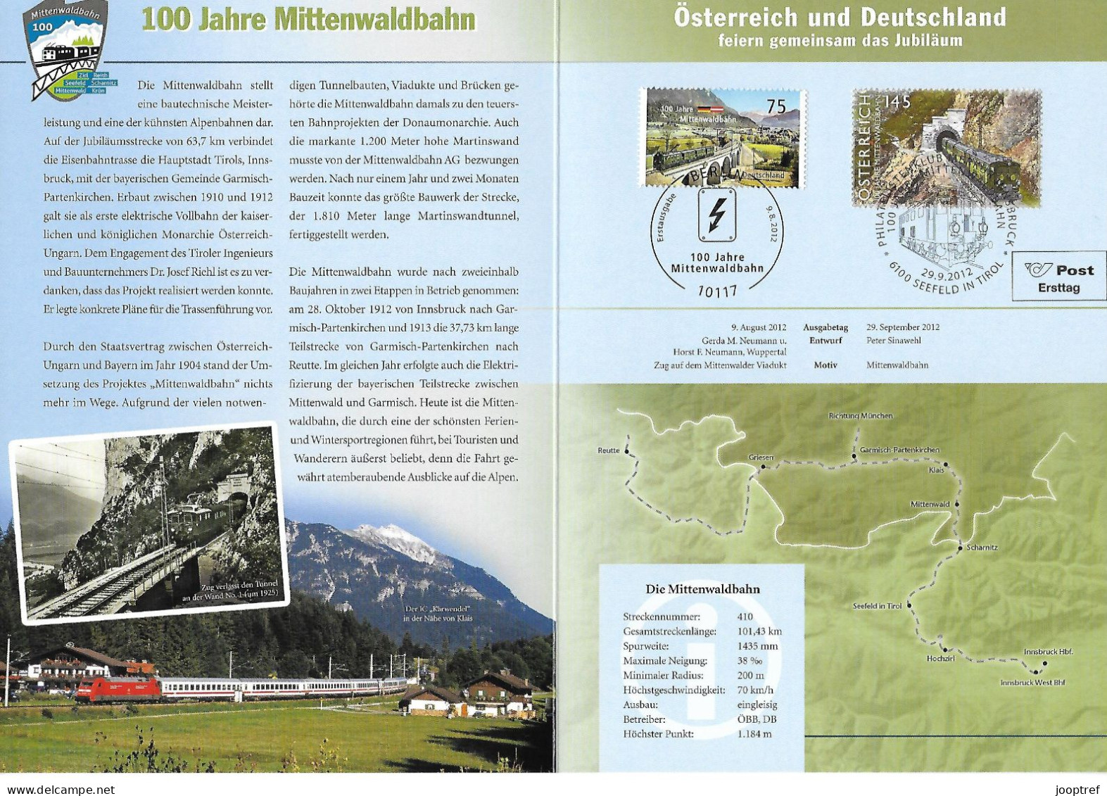 2012 Joint/Gemeinschaftsausgabe  Austria And Germany, MIXED FDC SOUVENIR FOLDER BOTH STAMPS: Mittenwaldbahn/Railway - Gezamelijke Uitgaven