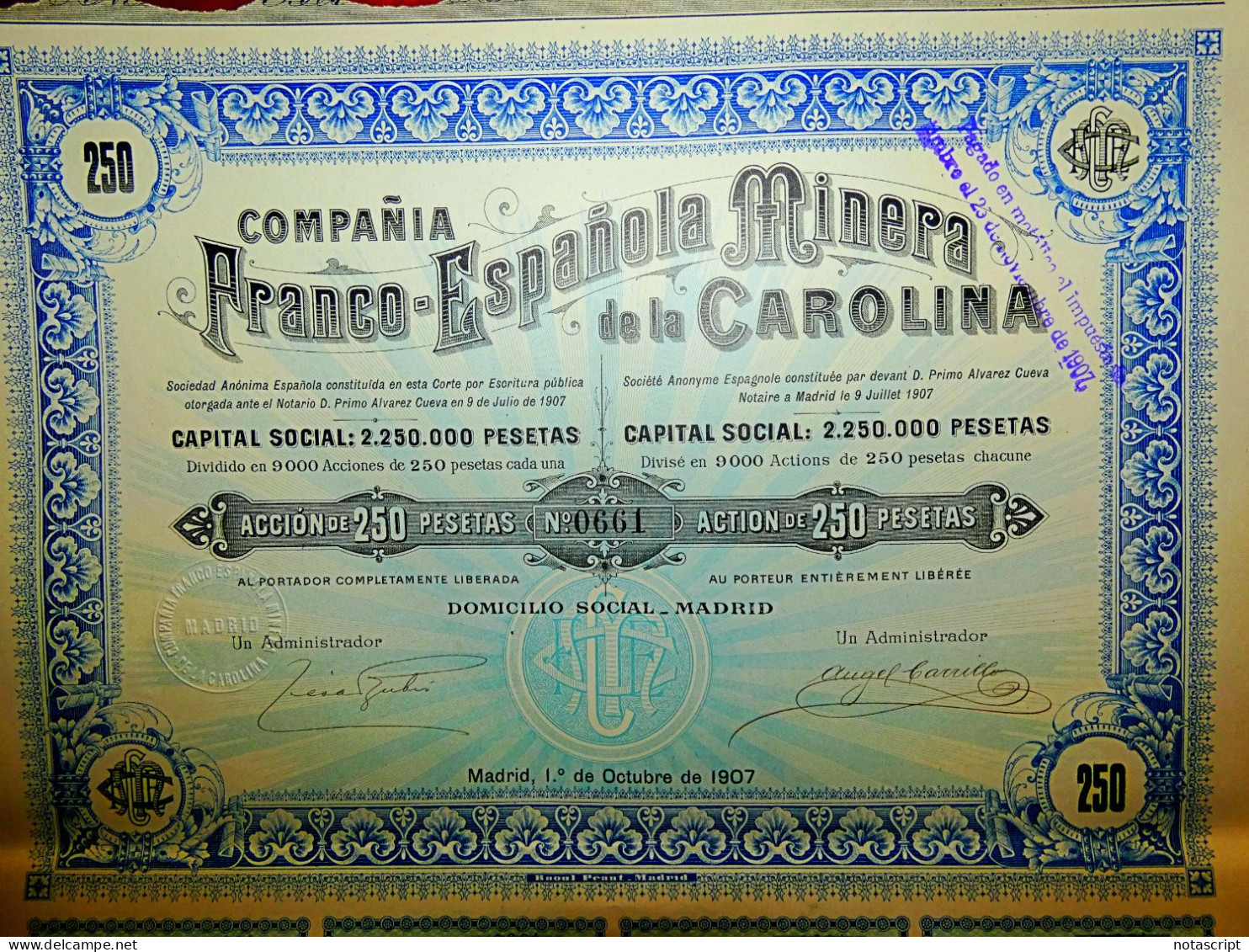 Compañía Franco-Española Minera De La Carolina , Madrid/Jaen 1907 - Mines