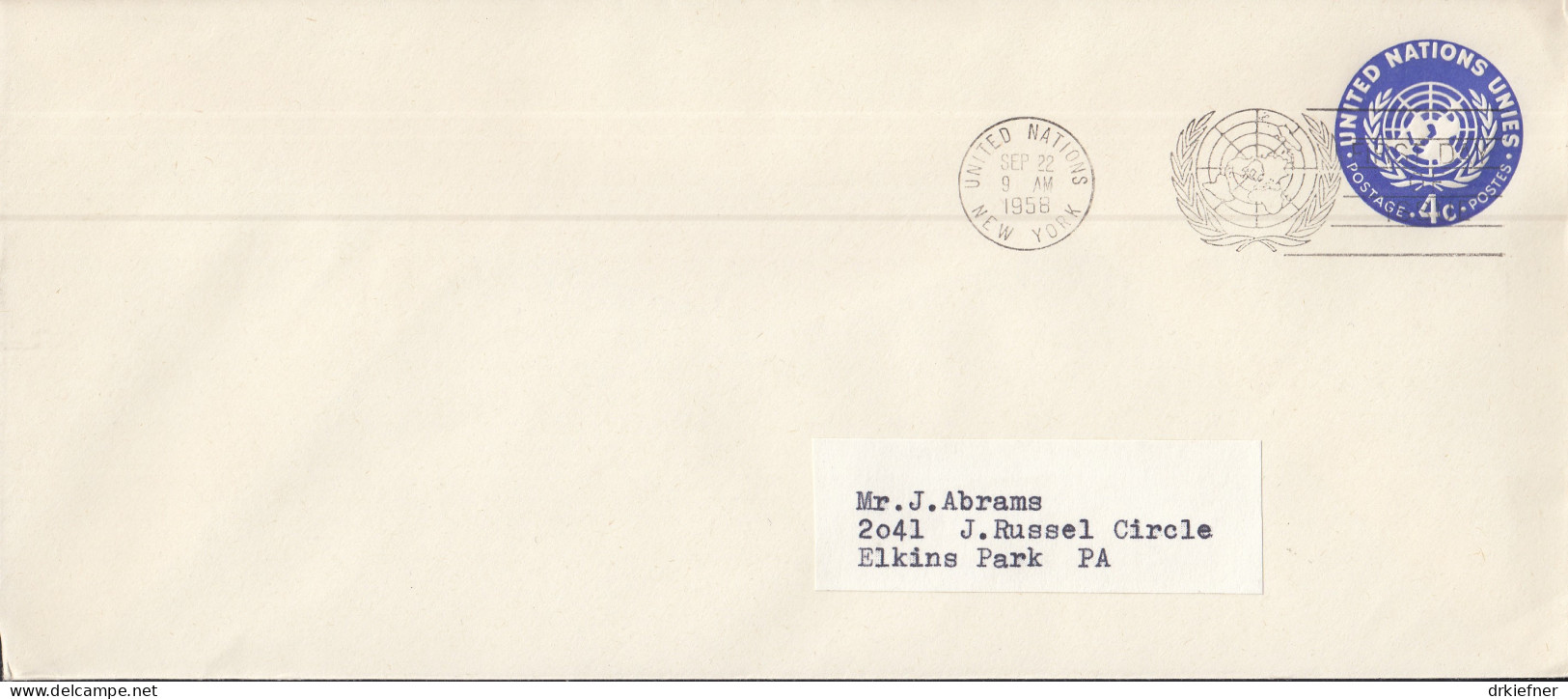 UNO NEW YORK  U 2 C, FDC, Echt Gelaufen, UNO-Emblem, 1958 - Covers & Documents