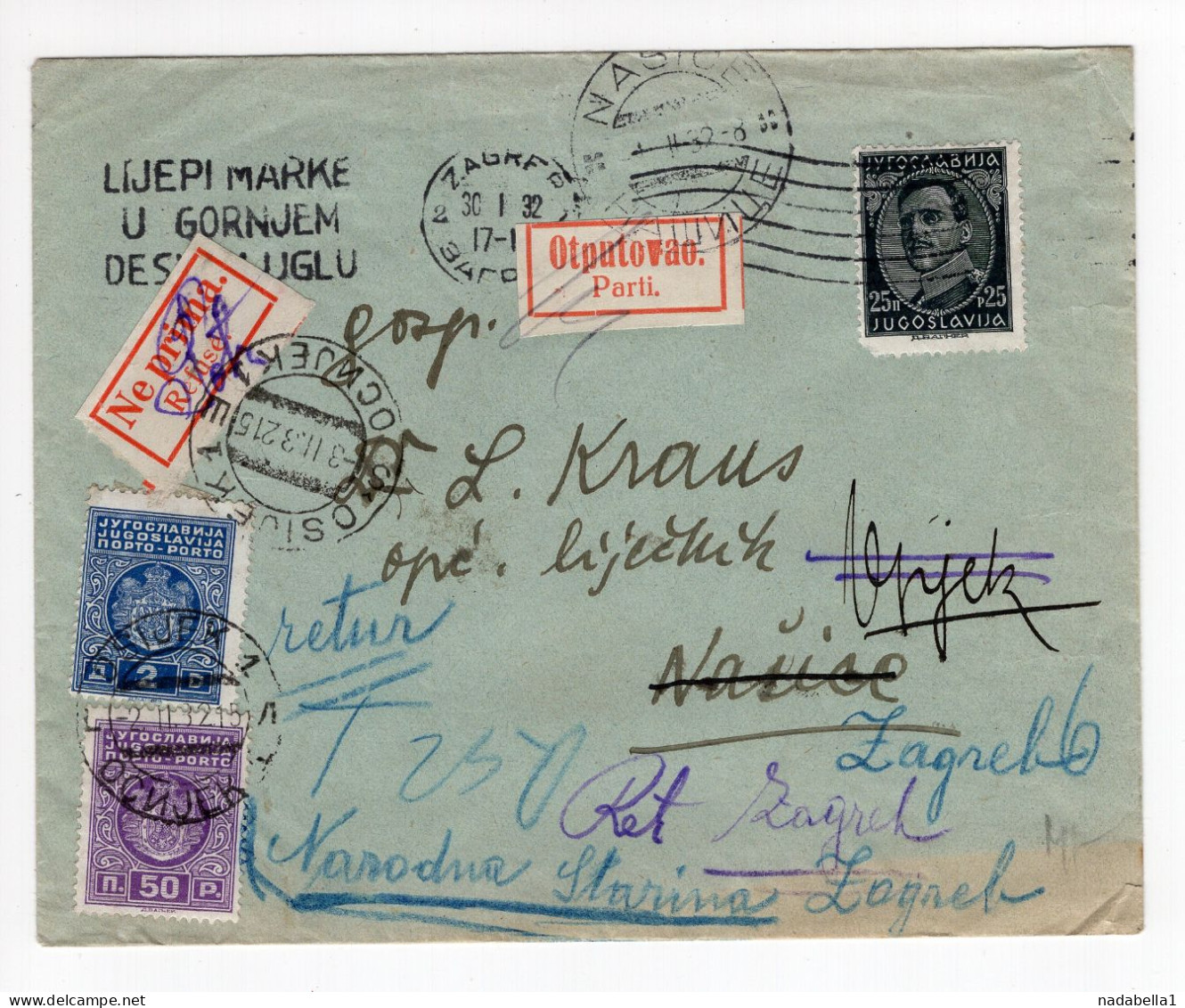 1932. KINGDOM OF YUGOSLAVIA,CROATIA,NASICE TO ZAGREB RETURN COVER,POSTAGE DUE,LABEL:PARTI AND REFUSE - Portomarken