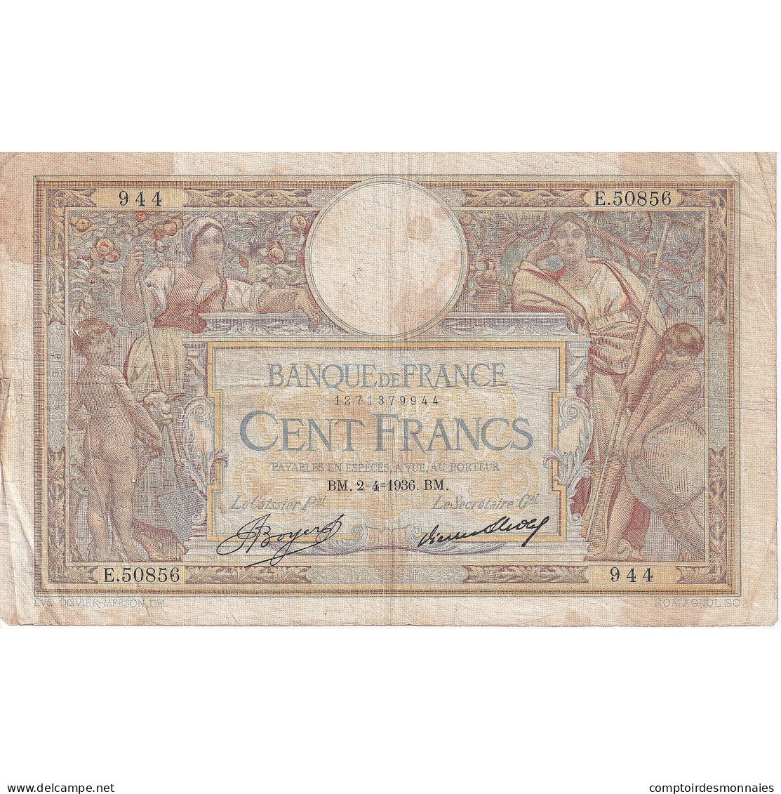 France, 100 Francs, Luc Olivier Merson, 1936, E.50856, TB, Fayette:24.13, KM:78c - 100 F 1908-1939 ''Luc Olivier Merson''