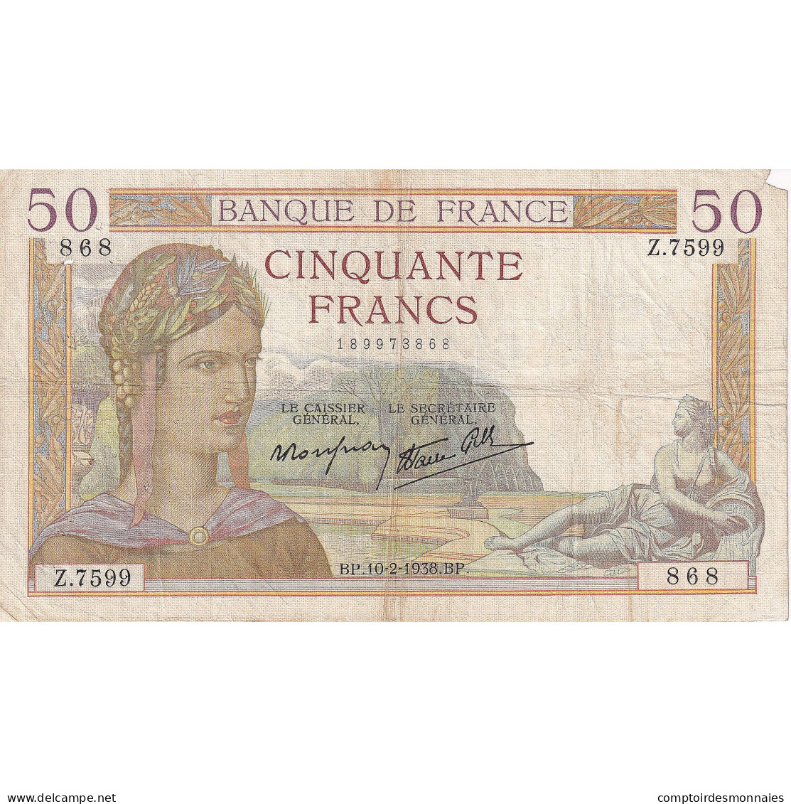 France, 50 Francs, Cérès, 1938, Z.7599, TB, Fayette:18.08, KM:85b - 50 F 1934-1940 ''Cérès''