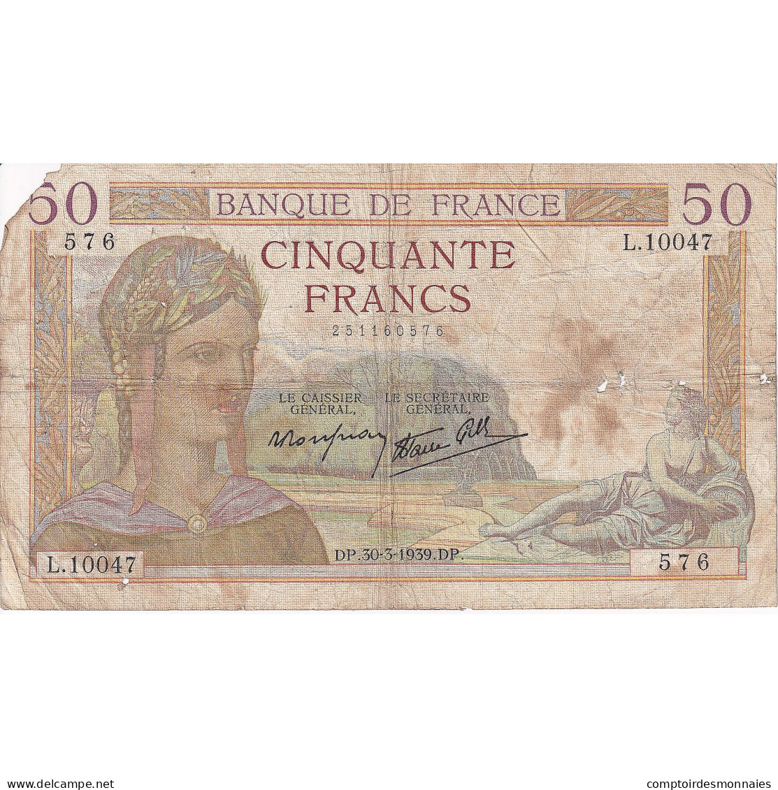 France, 50 Francs, 1939, F.10097, TB, Fayette:18.24, KM:85b - 50 F 1934-1940 ''Cérès''