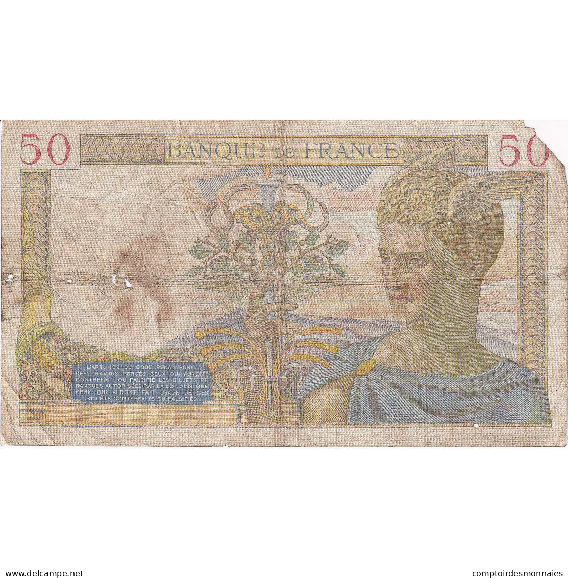 France, 50 Francs, 1939, F.10097, TB, Fayette:18.24, KM:85b - 50 F 1934-1940 ''Cérès''