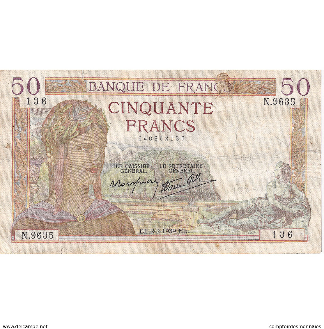 France, 50 Francs, Cérès, 1939, N.9635, TB+, Fayette:18.21, KM:85b - 50 F 1934-1940 ''Cérès''