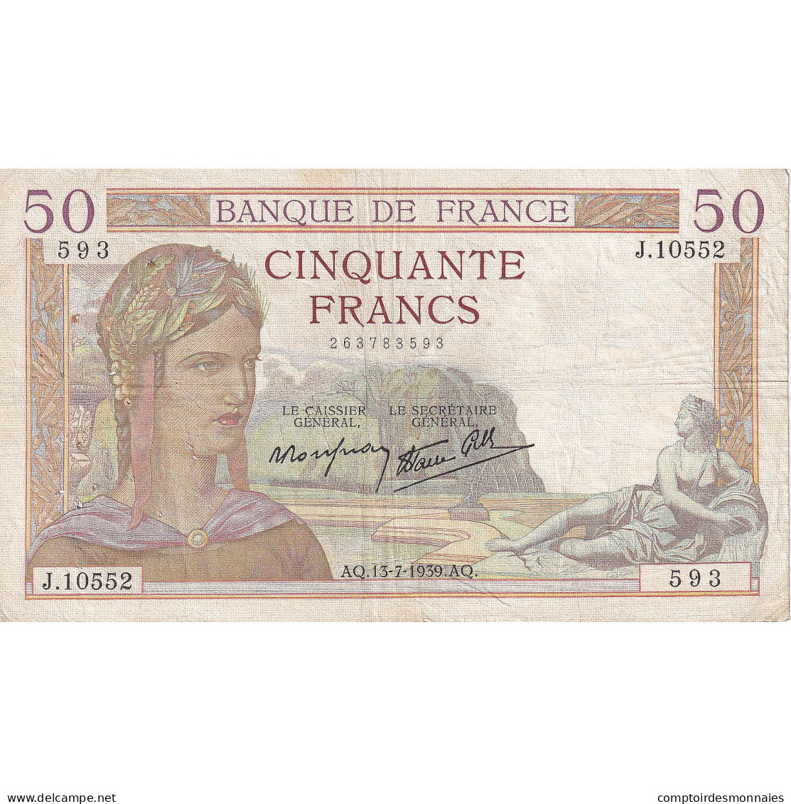 France, 50 Francs, Cérès, 1939, J.10552, TTB, Fayette:18.28, KM:85b - 50 F 1934-1940 ''Cérès''