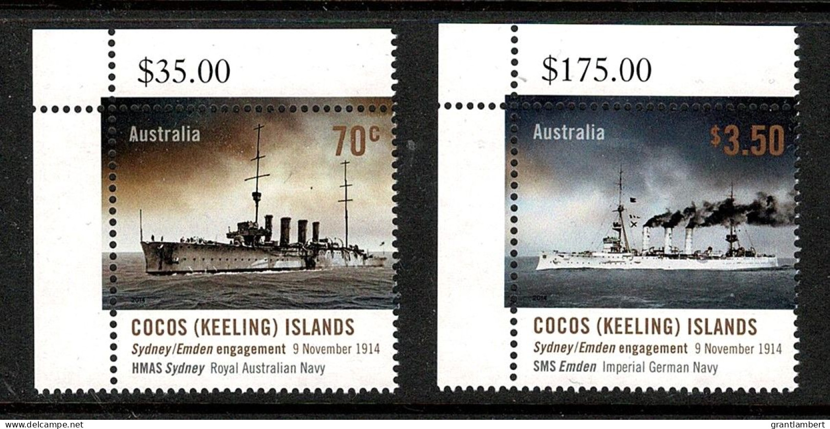 Cocos Islands 2014 HMAS Sydney-Emden Engagement 1914  Corner Set Of 2 MNH - Cocos (Keeling) Islands