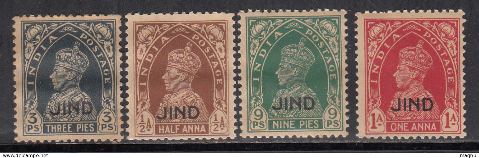 Jind State 4 Diff.,, KGVI Series, 1941-1943, (MNH 3p,9p,1a) (MH ½a) SG127-130,  British India,  - Jhind