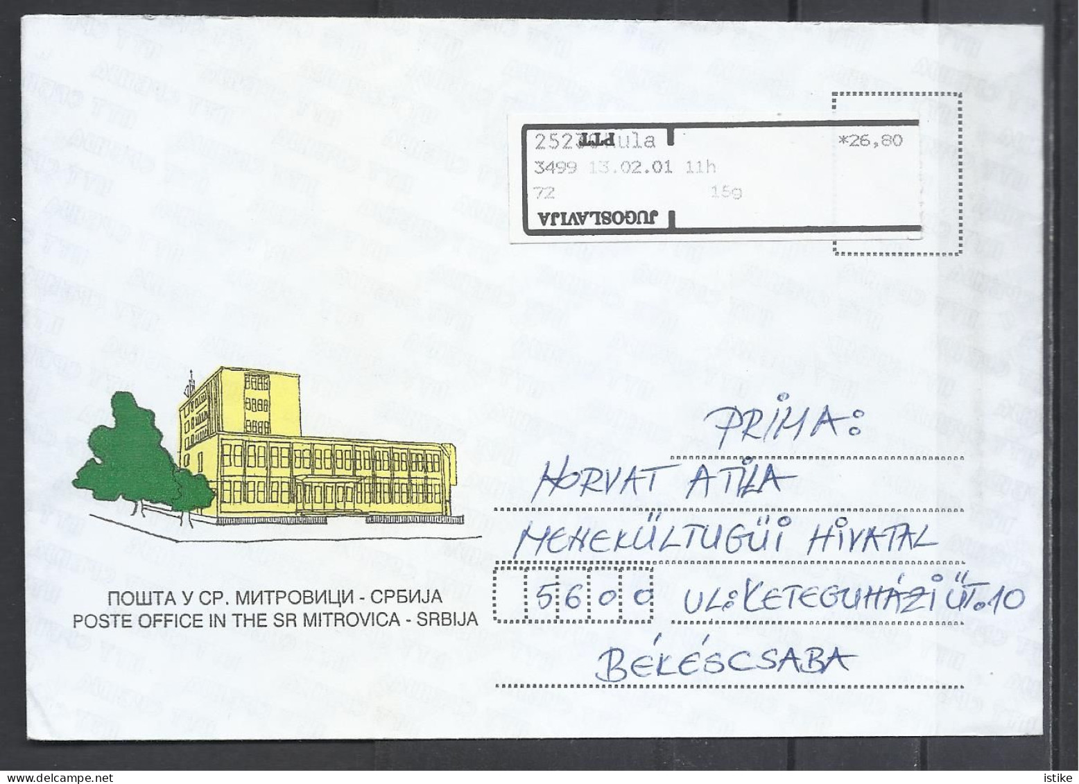 Yugoslavia, Serbia, Mitrovita Post Office Building Cover, Meter Canc. Upside Down  2001. - Covers & Documents