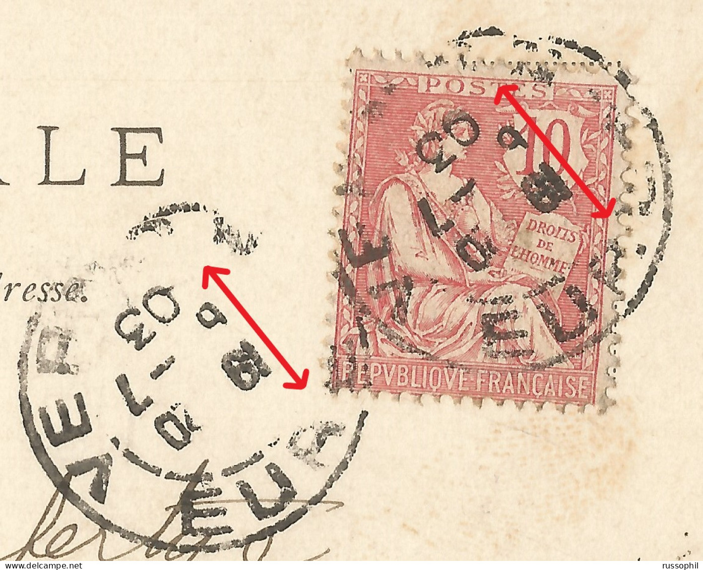 FRANCE -  VARIETY &  CURIOSITY - 27 - REVERSED RING AND DATE BLOCK OF A3 DEPARTURE CDS "VERNON" - 1903 - Lettres & Documents