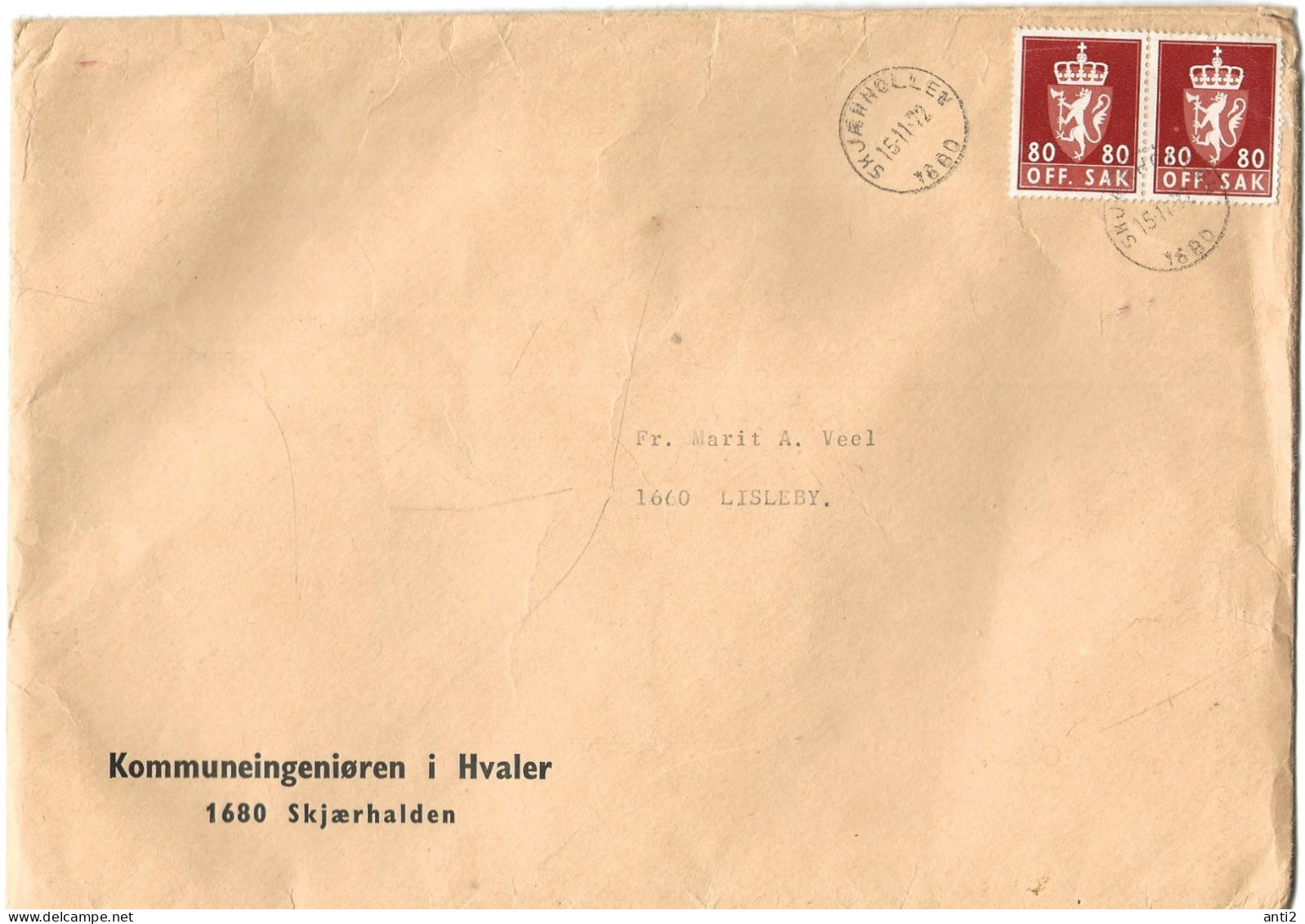 Norge Norway 1973 Cover With 2x80 øre Officials  .  Mi 81y In Pairpair, Cancelled Skjærhalden 15.11.72 - Service