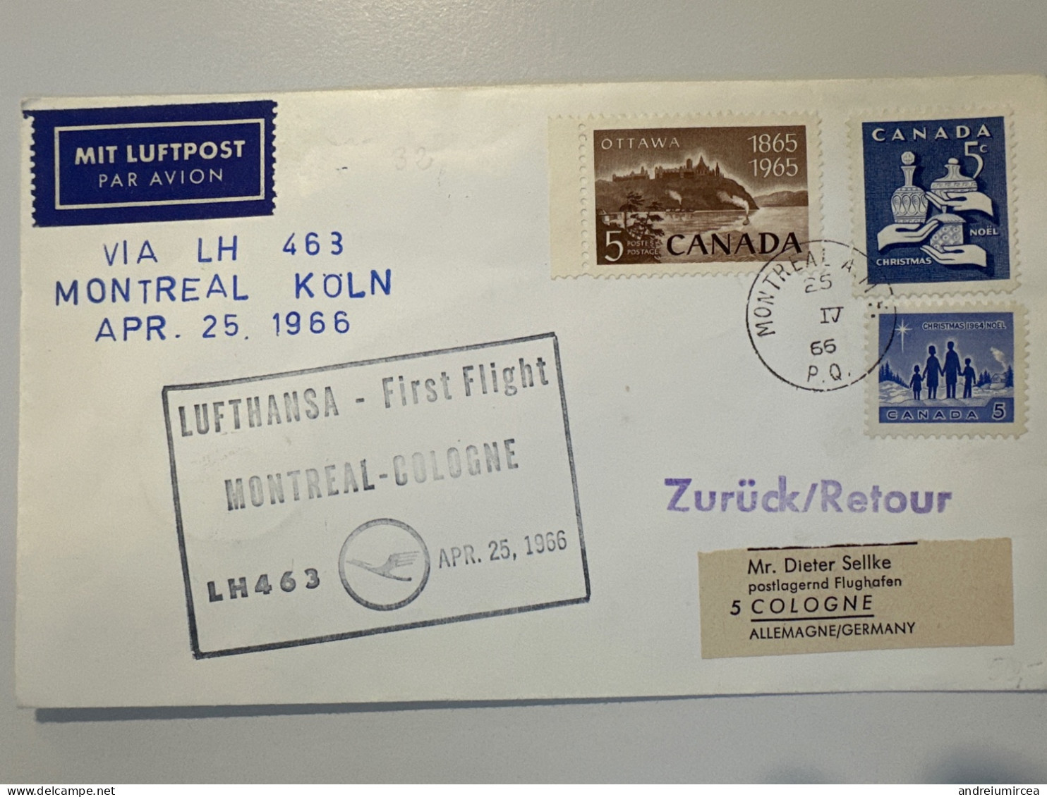 1966 Lufthansa Erstflug Montréal Cologne LH 463 - Poste Aérienne