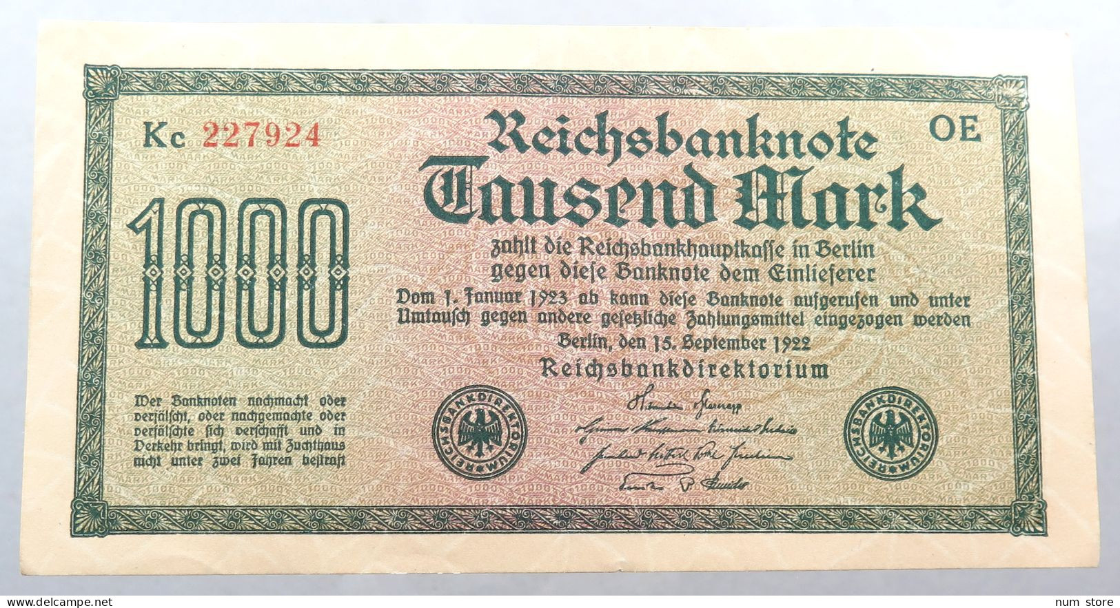 WEIMARER REPUBLIK 1000 MARK 1922  #alb052 0281 - 1000 Mark