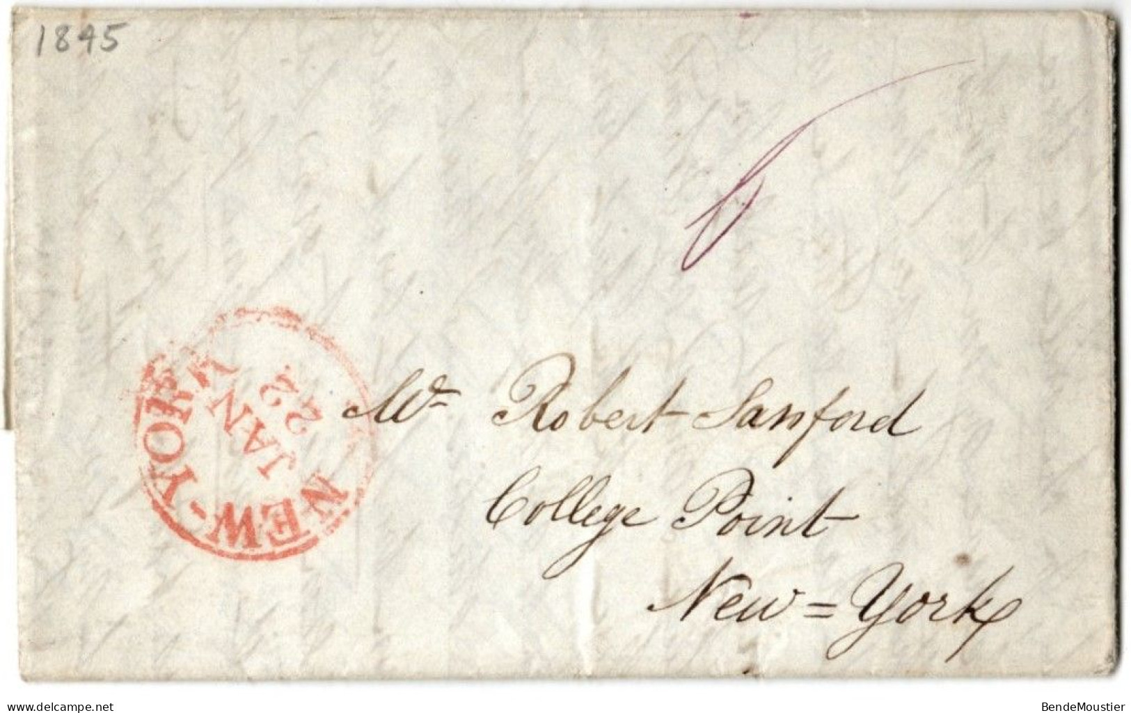(N96) USA Red Postal Marking New York - Collège Point New York - 1845. - …-1845 Prephilately