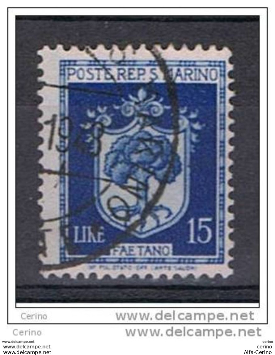 SAN  MARINO:  1945/48  STEMMA  -  £. 15  AZZURRO  US. -  SASS. 291 - Used Stamps